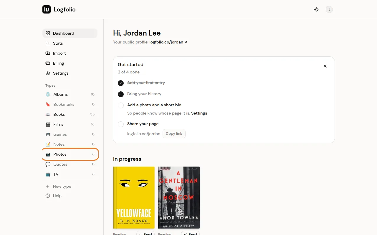 Photos in the Types list on the dashboard