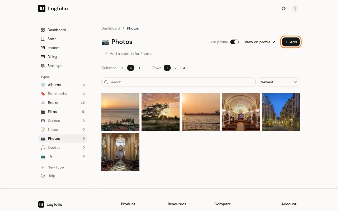 Add button on the Photos page