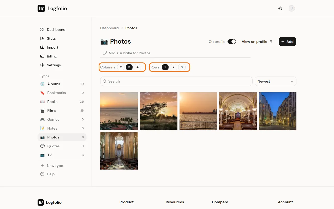 Columns and Rows choices on the Photos page