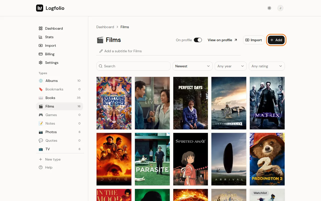 The Films list with the Add button at the top