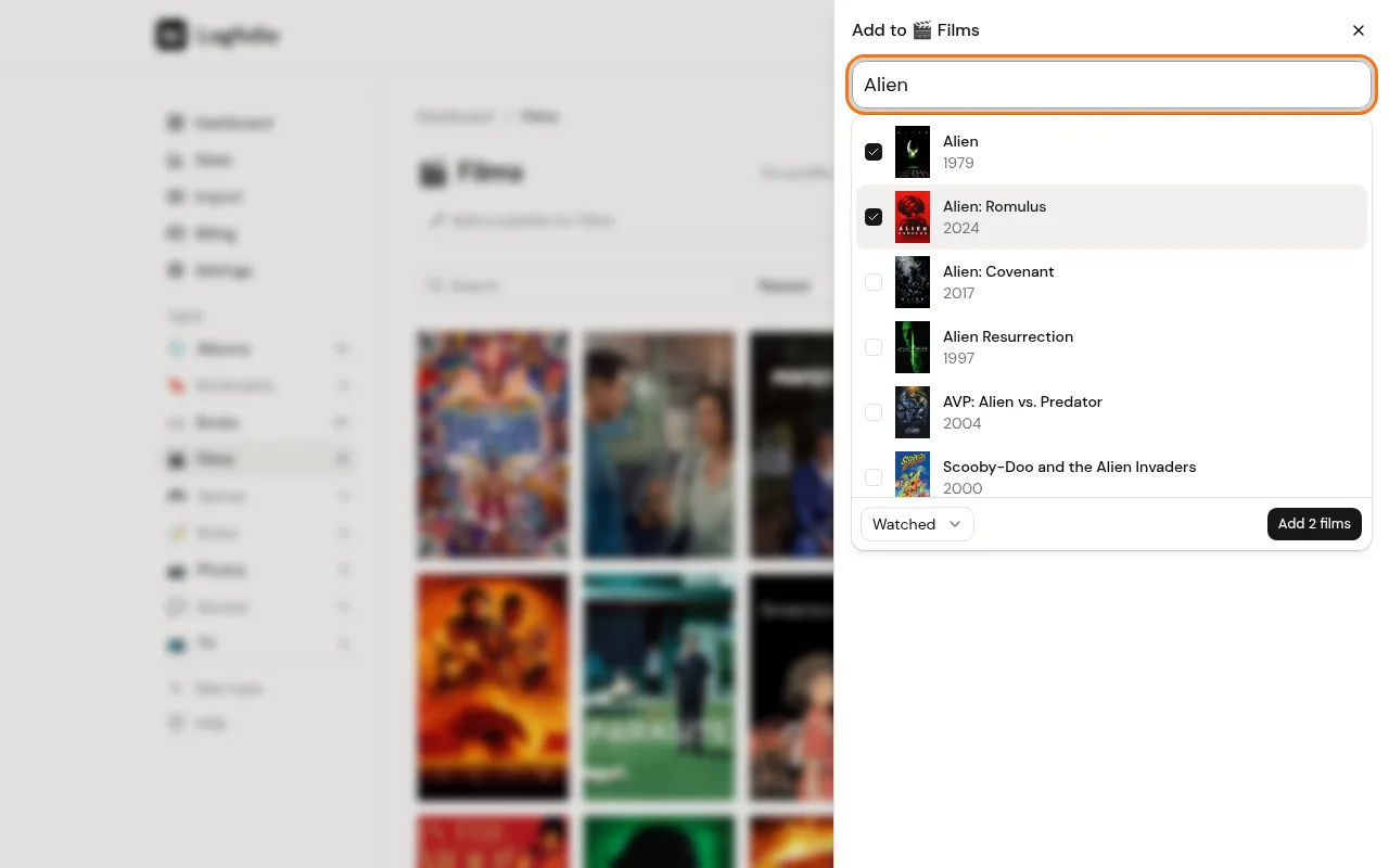 Film search results with two results ticked