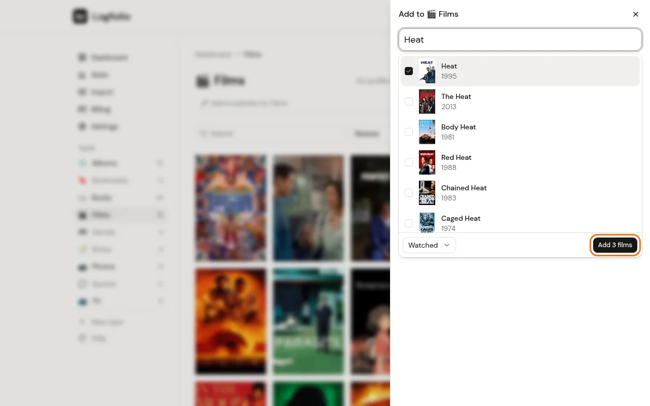 A new search with the Add 3 films button still showing