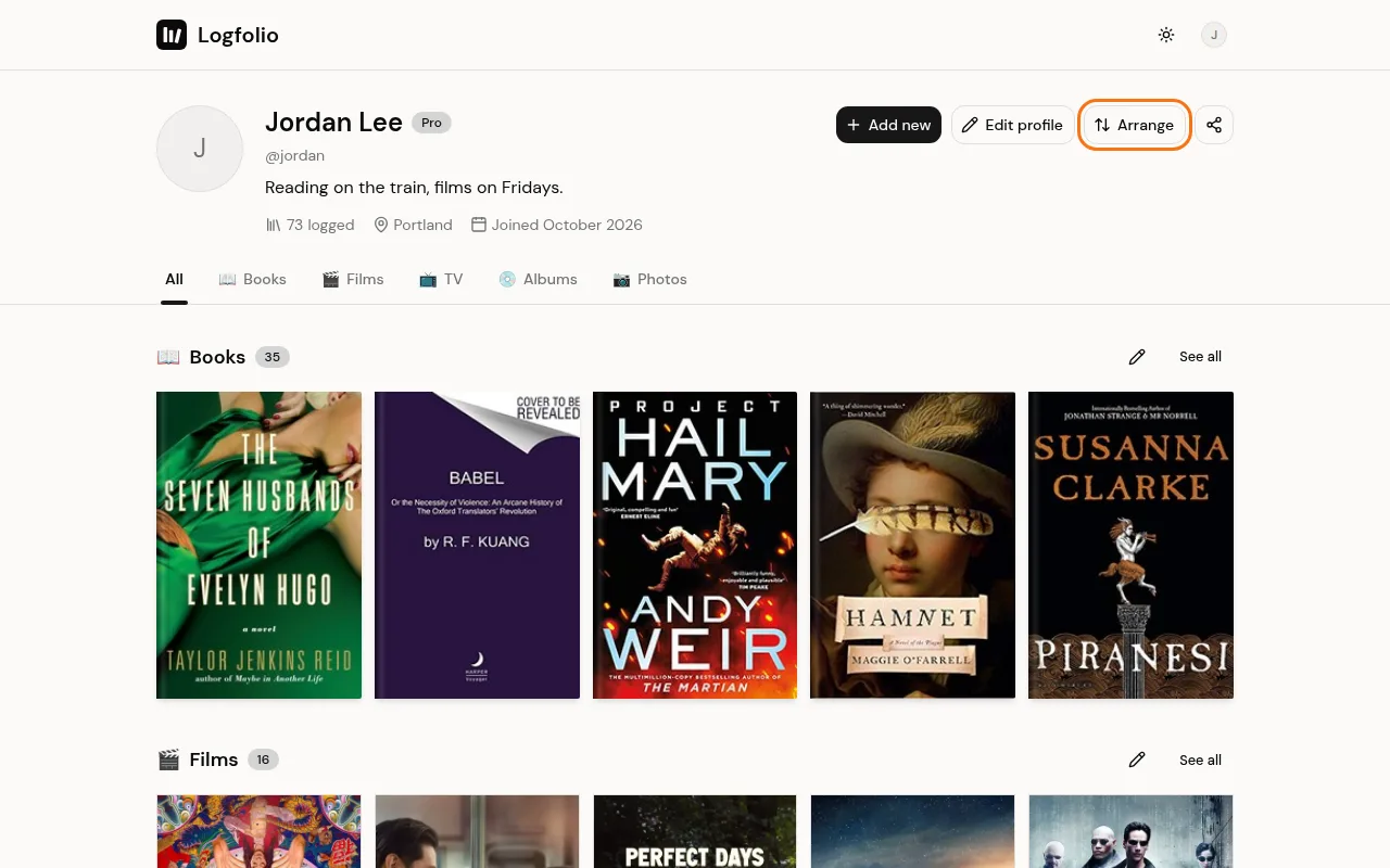 Profile header with the Arrange button
