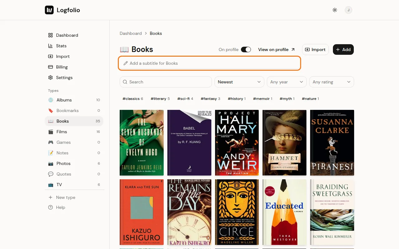 Subtitle box under the Books title on your log