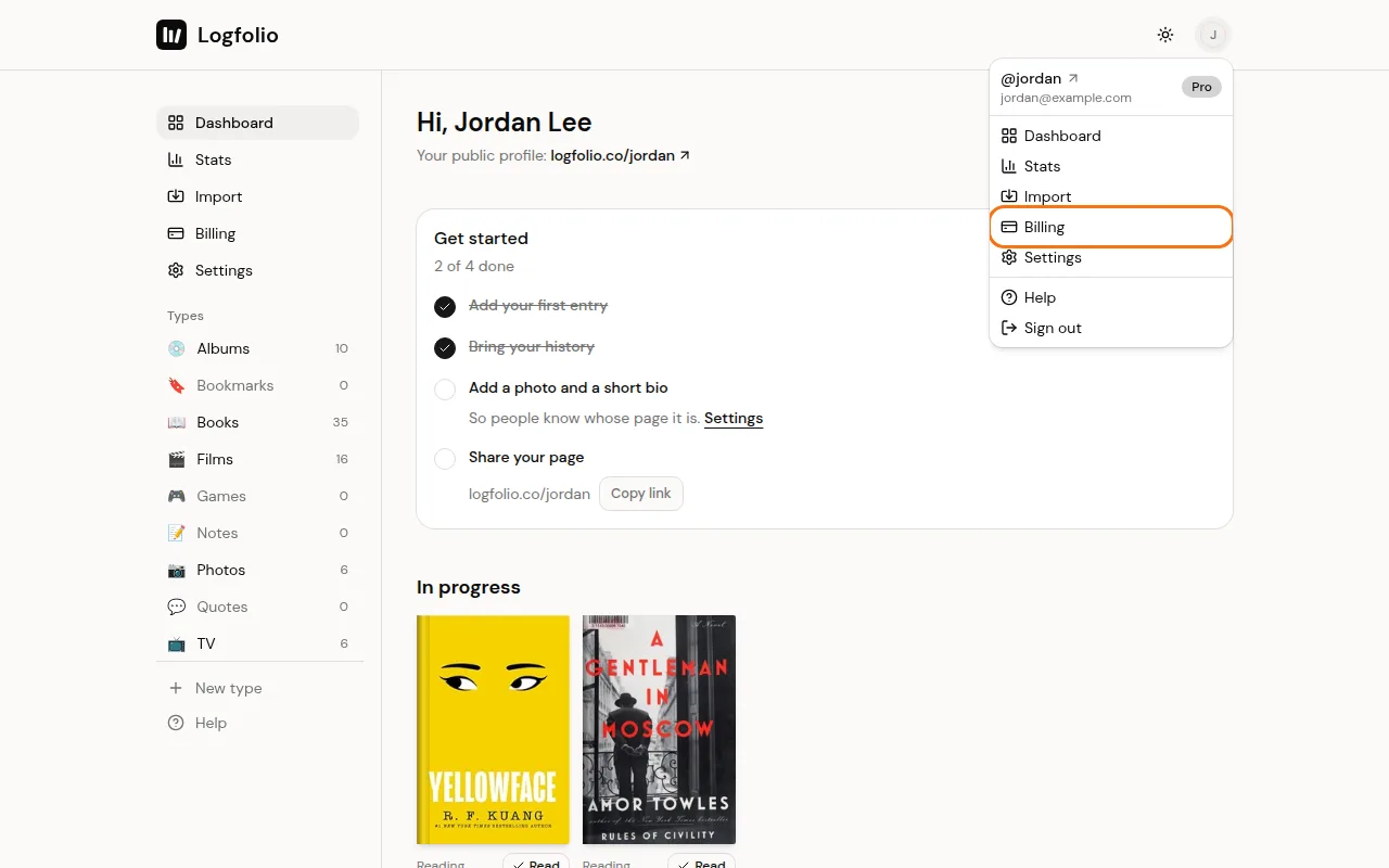 The account menu open with Billing in the list