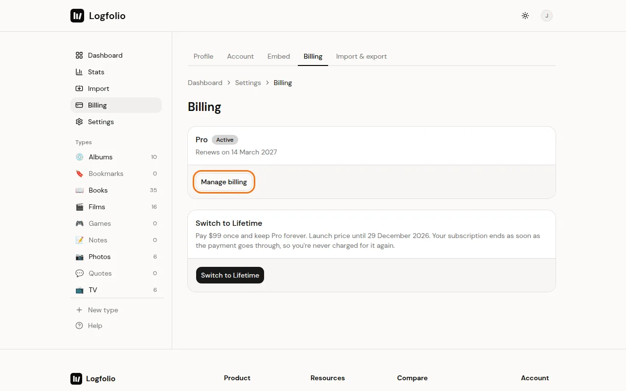 The Billing page with the Manage billing button