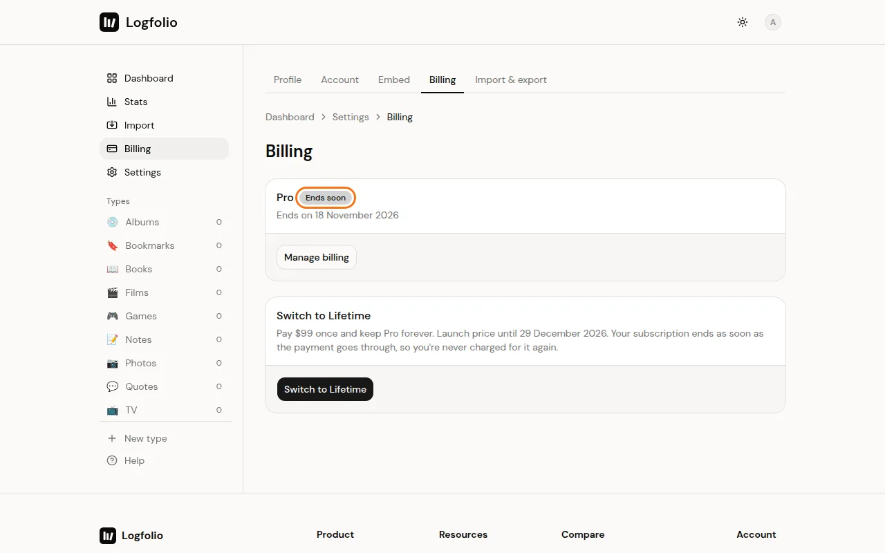 The Billing page with the Ends soon badge and the end date