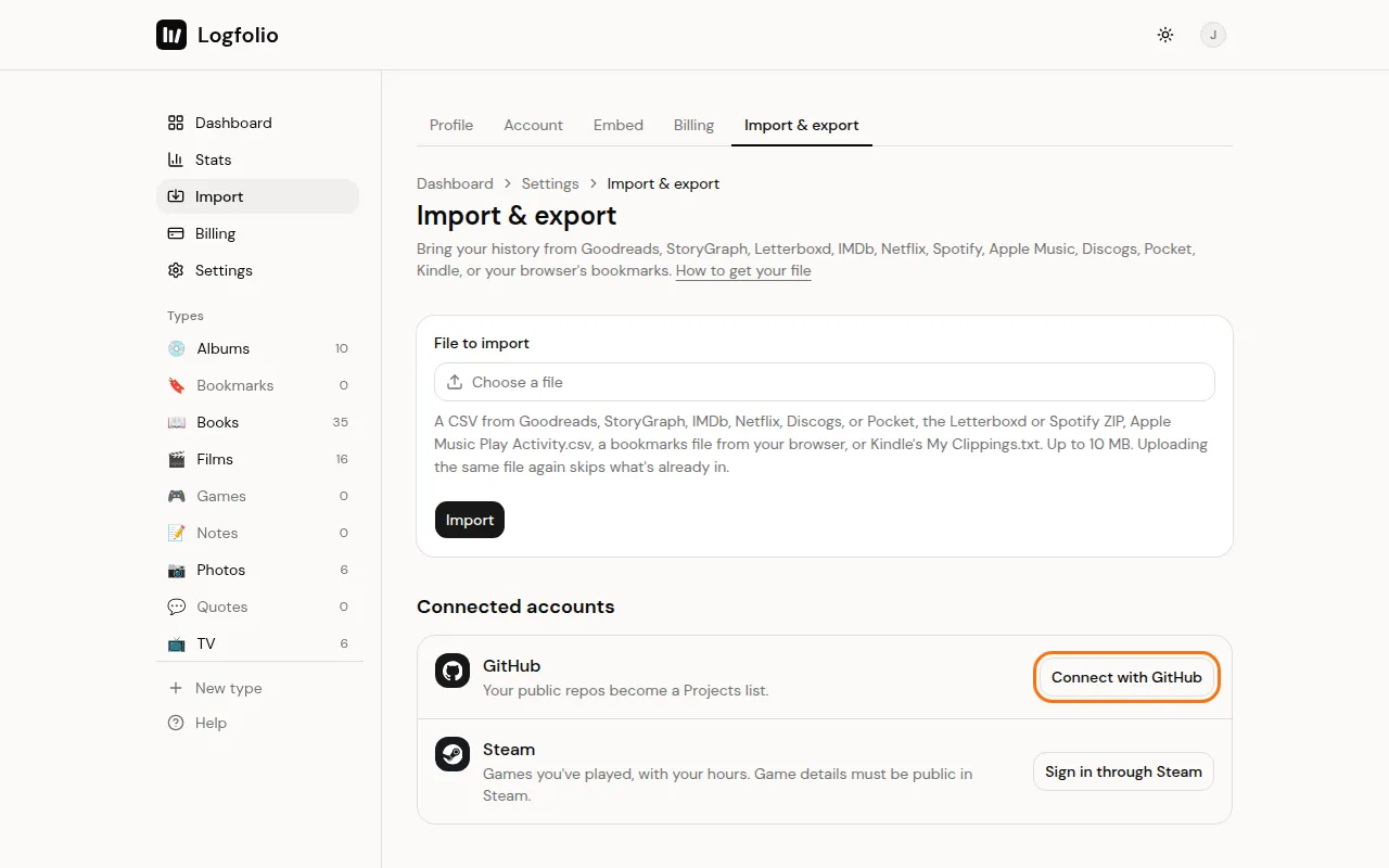 The GitHub row with its Connect with GitHub button