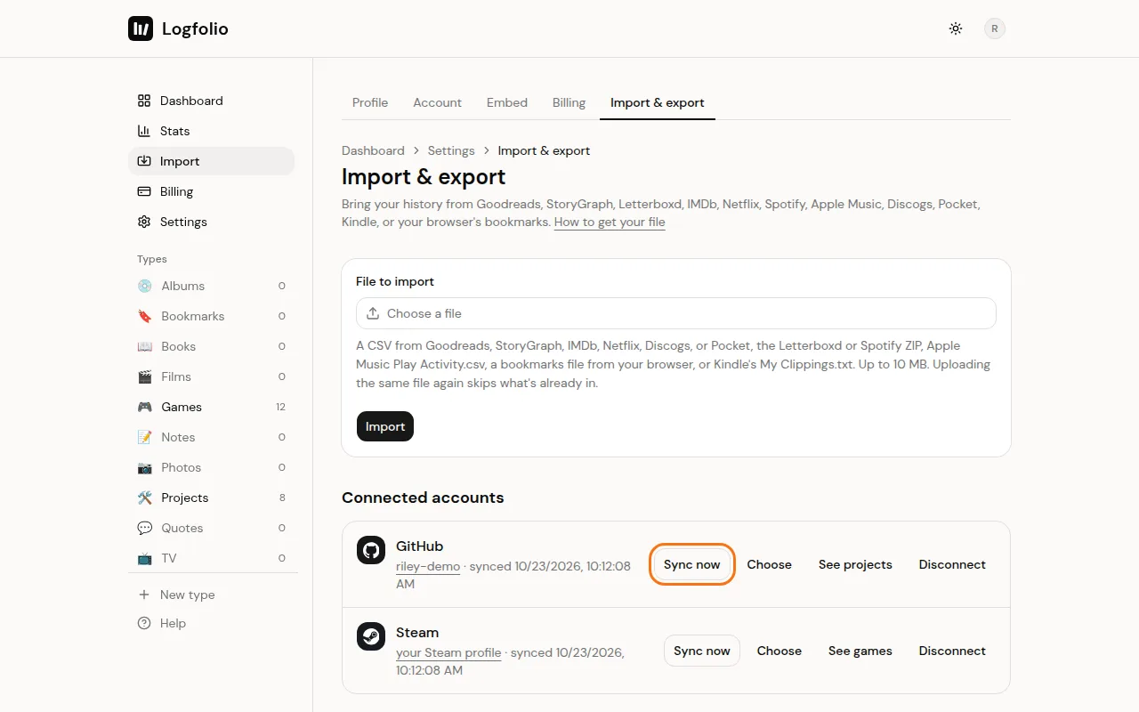 The connected GitHub row with Sync now