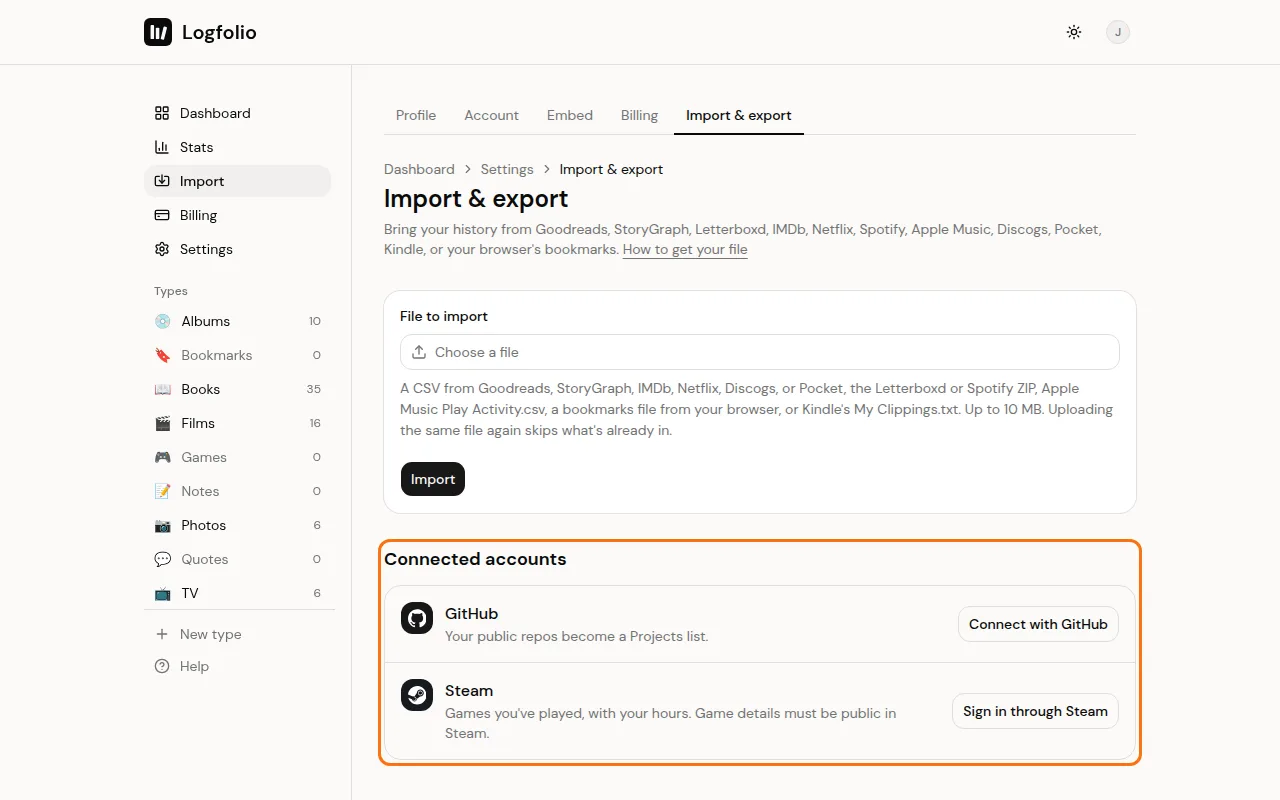The Connected accounts section with Steam and GitHub rows