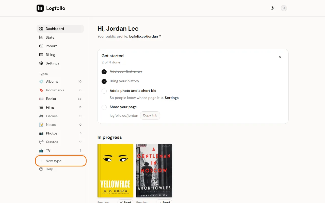 New type link on the dashboard