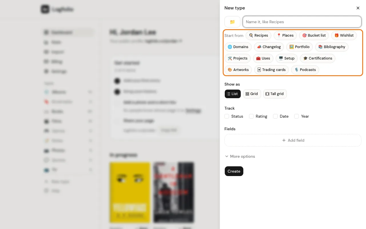 Name box and Start from templates in the New type panel