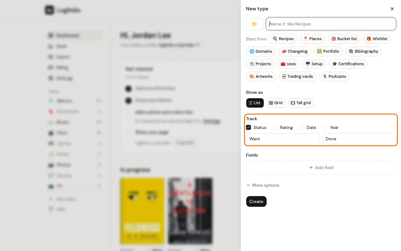 Track options in the New type panel