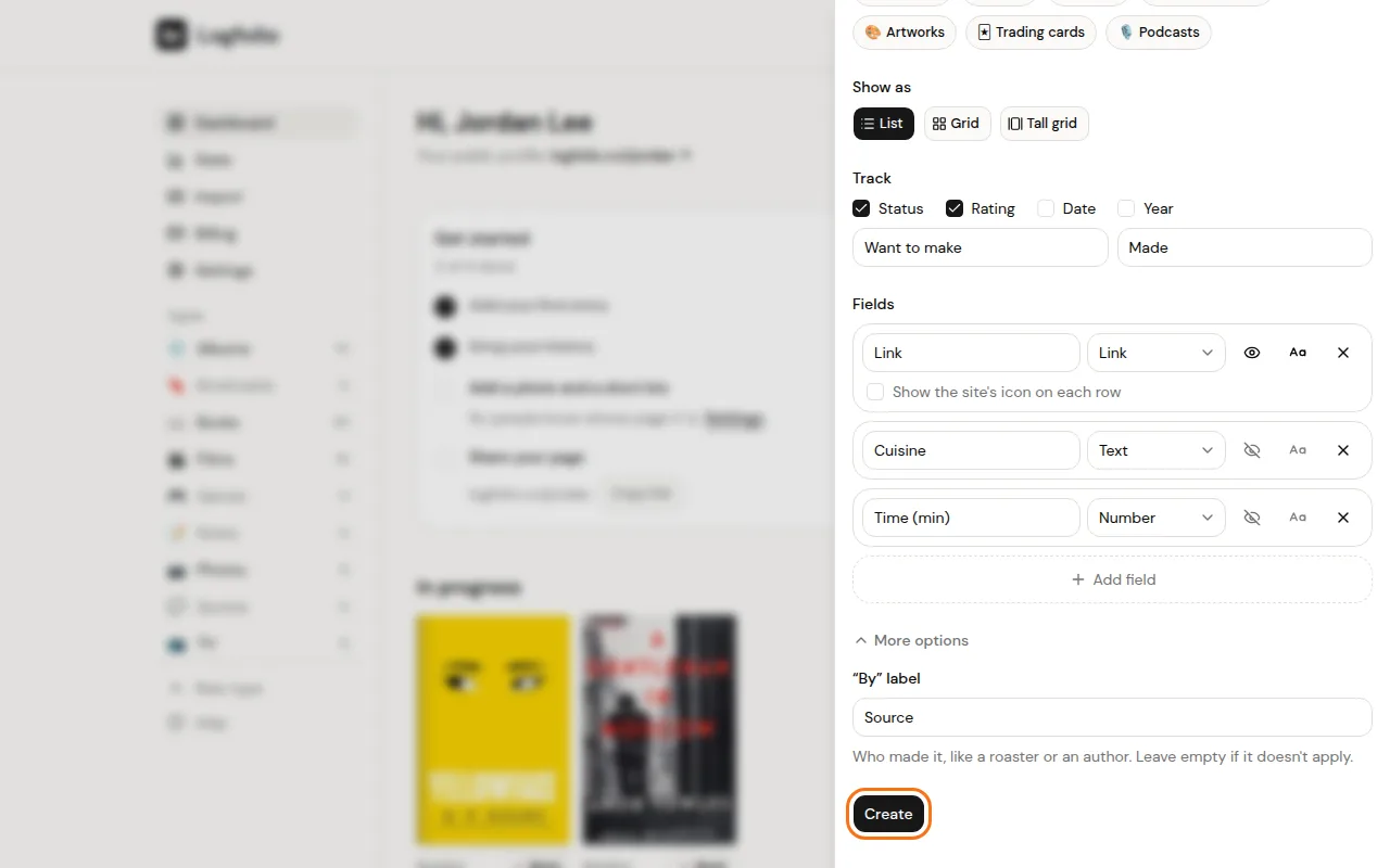 Create button at the bottom of the New type panel