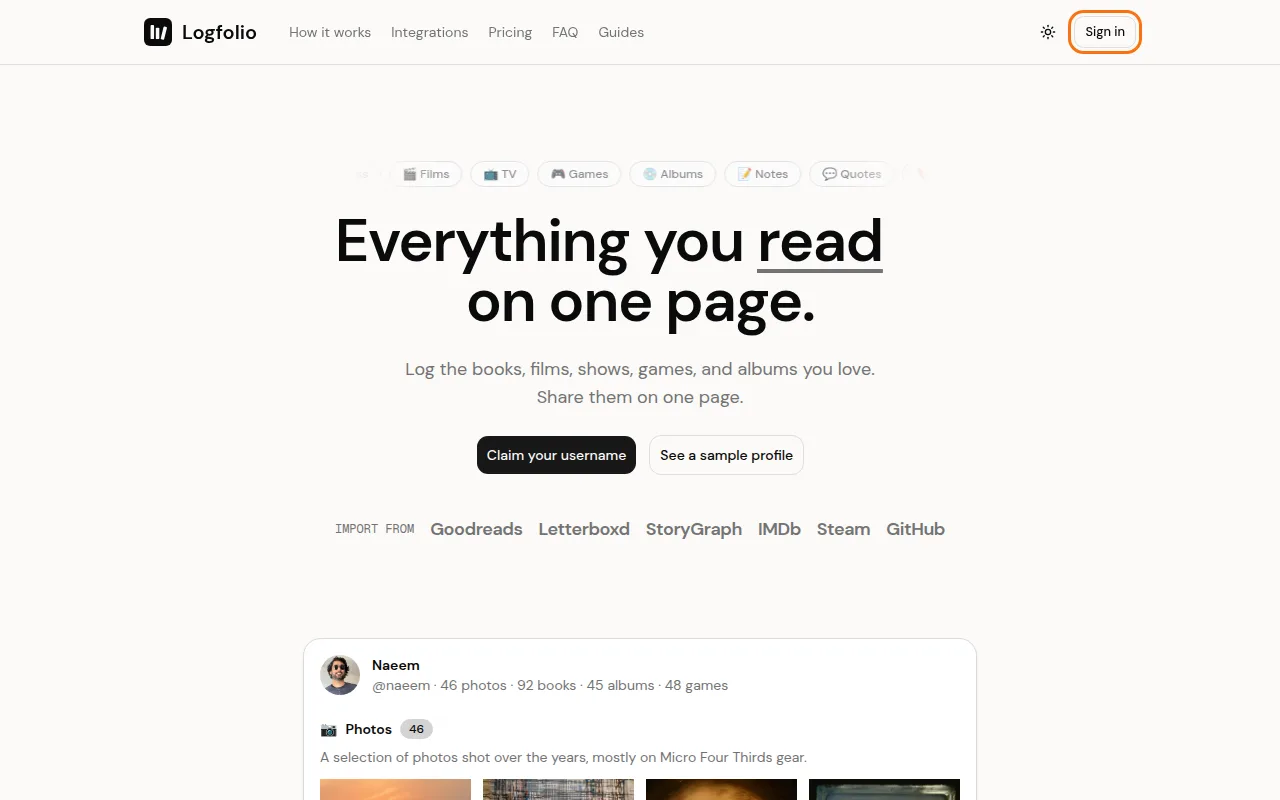 The Logfolio home page with the Sign in button in the header