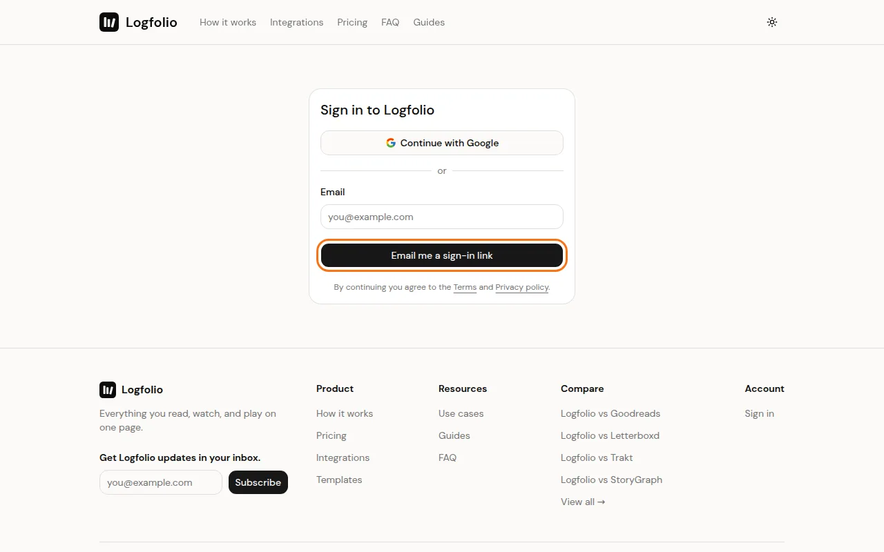 The Sign in to Logfolio card with an email box and the sign-in link button