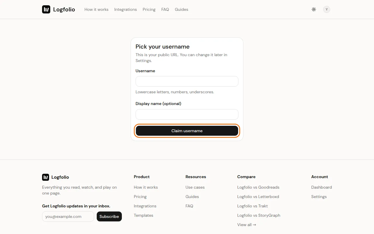 The Pick your username card with Username and Display name boxes