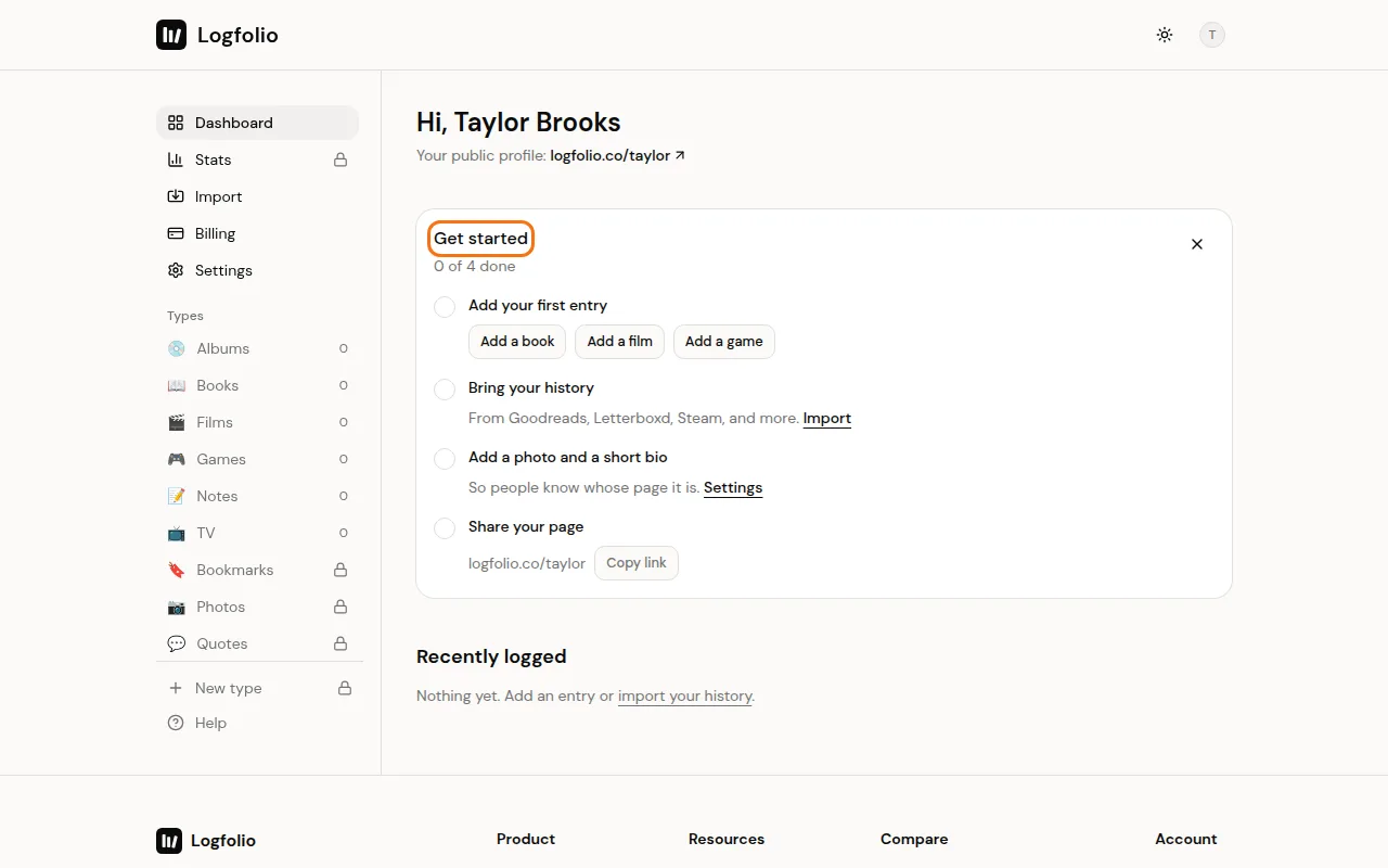 The dashboard with the Get started checklist