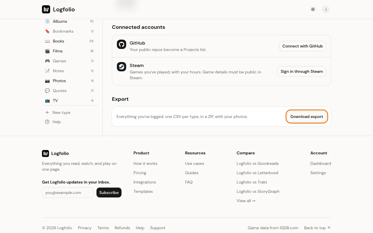 The Import & export page with the Download export button