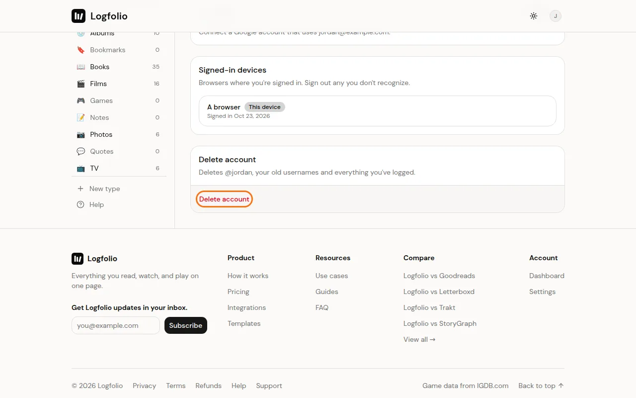 The Delete account card at the bottom of Settings → Account