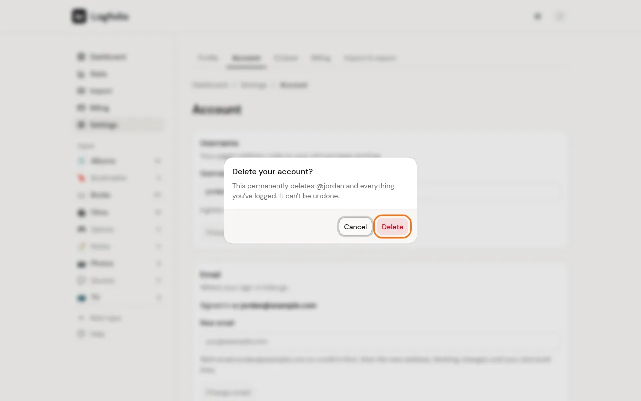 The Delete your account confirm box with Cancel and Delete buttons