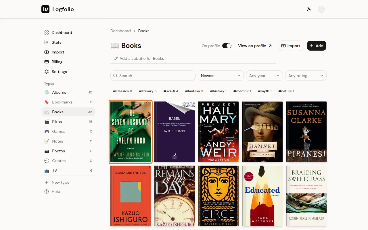 The Books list with a grid of covers