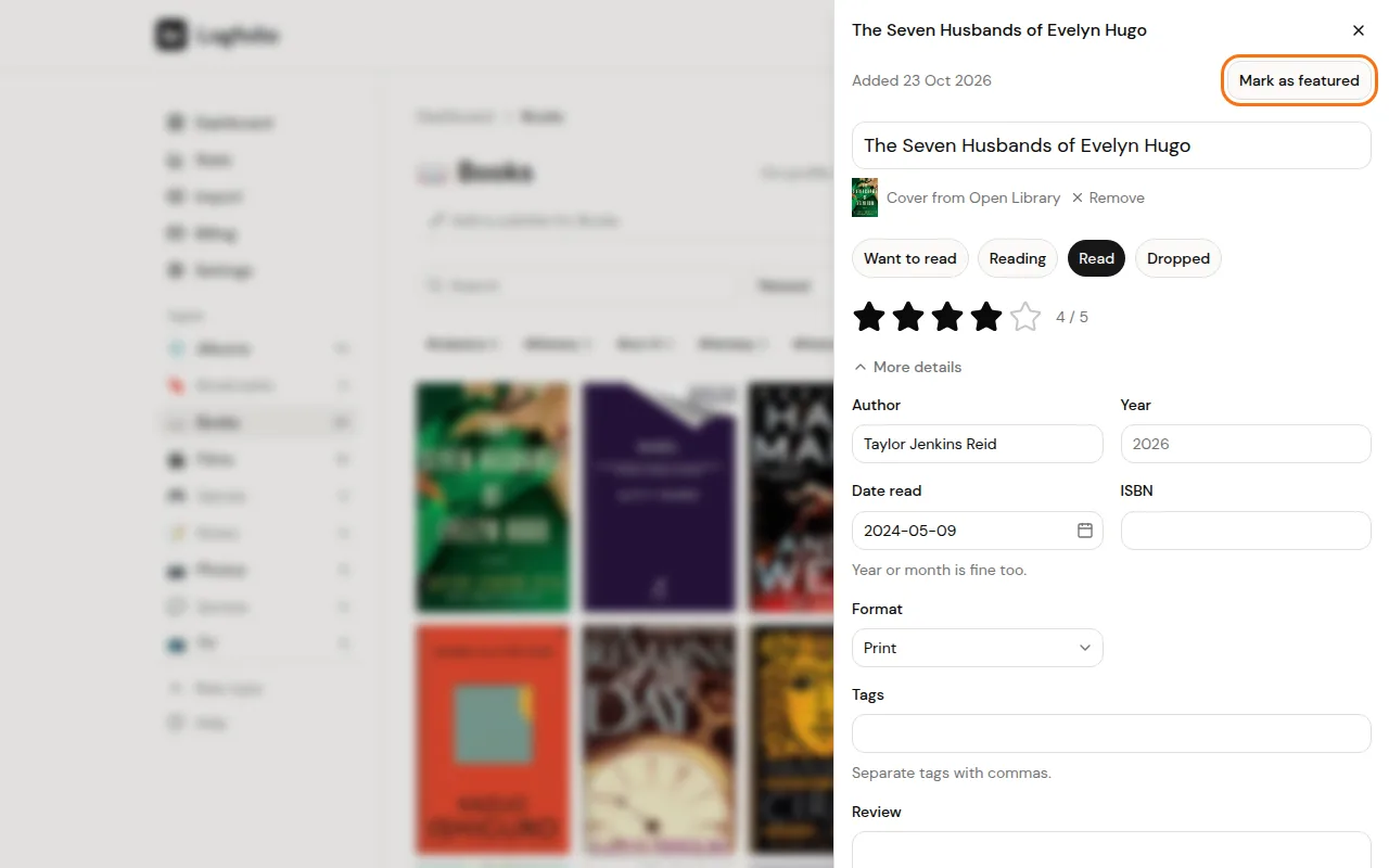 An open entry with the Mark as featured button