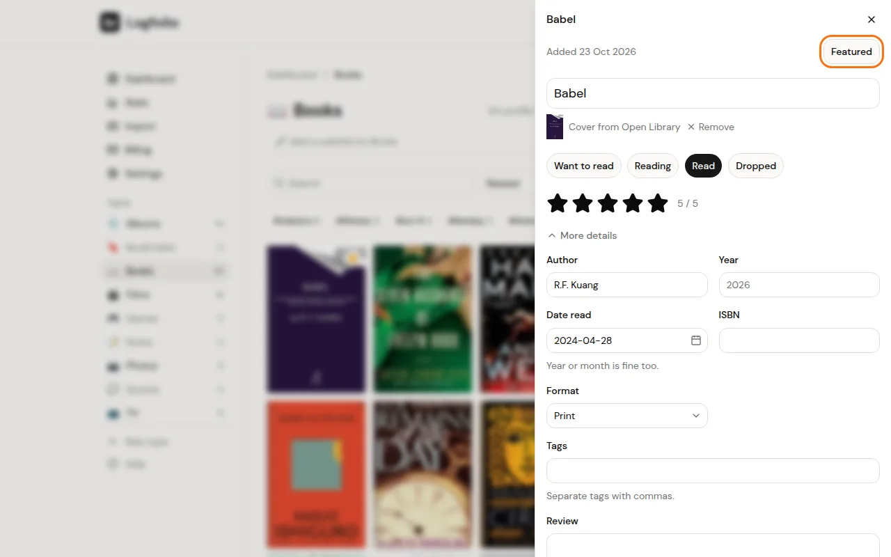 An open entry with the button showing Featured