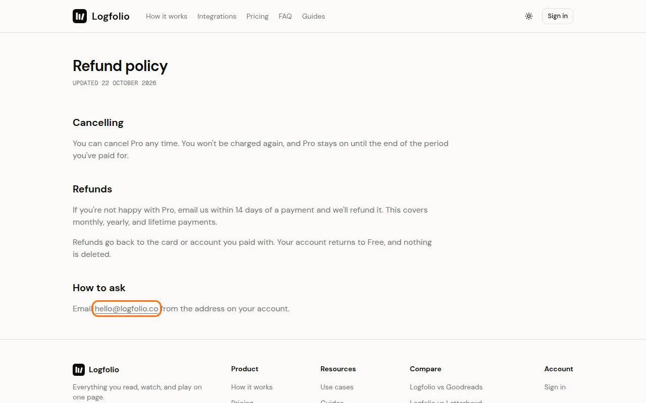 The refund policy page with the contact email