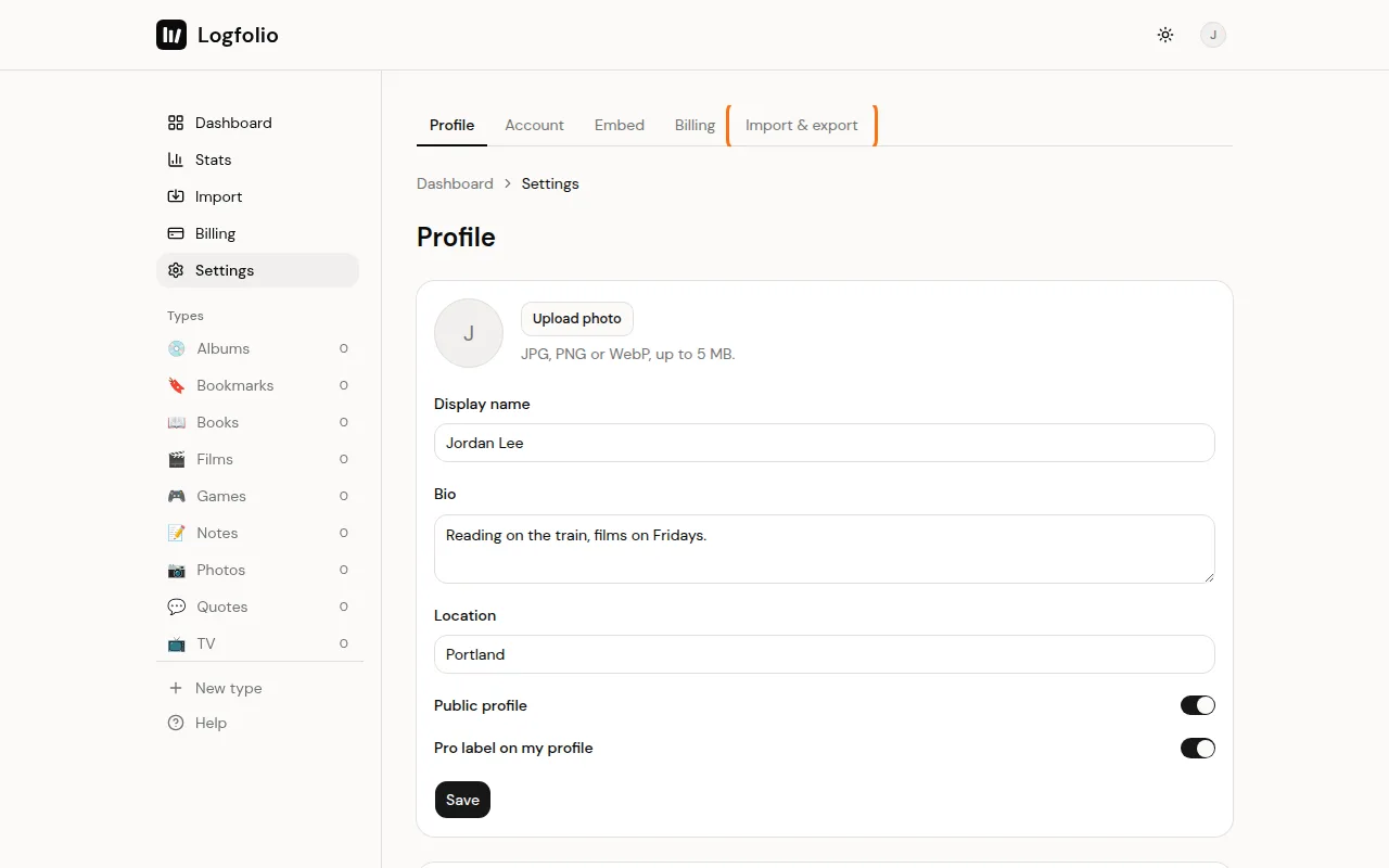 Settings with the Import & export tab