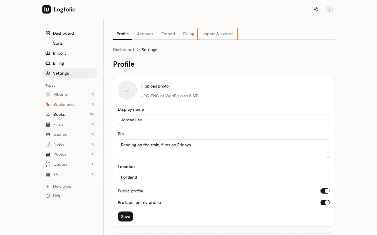 Settings with the Import & export tab