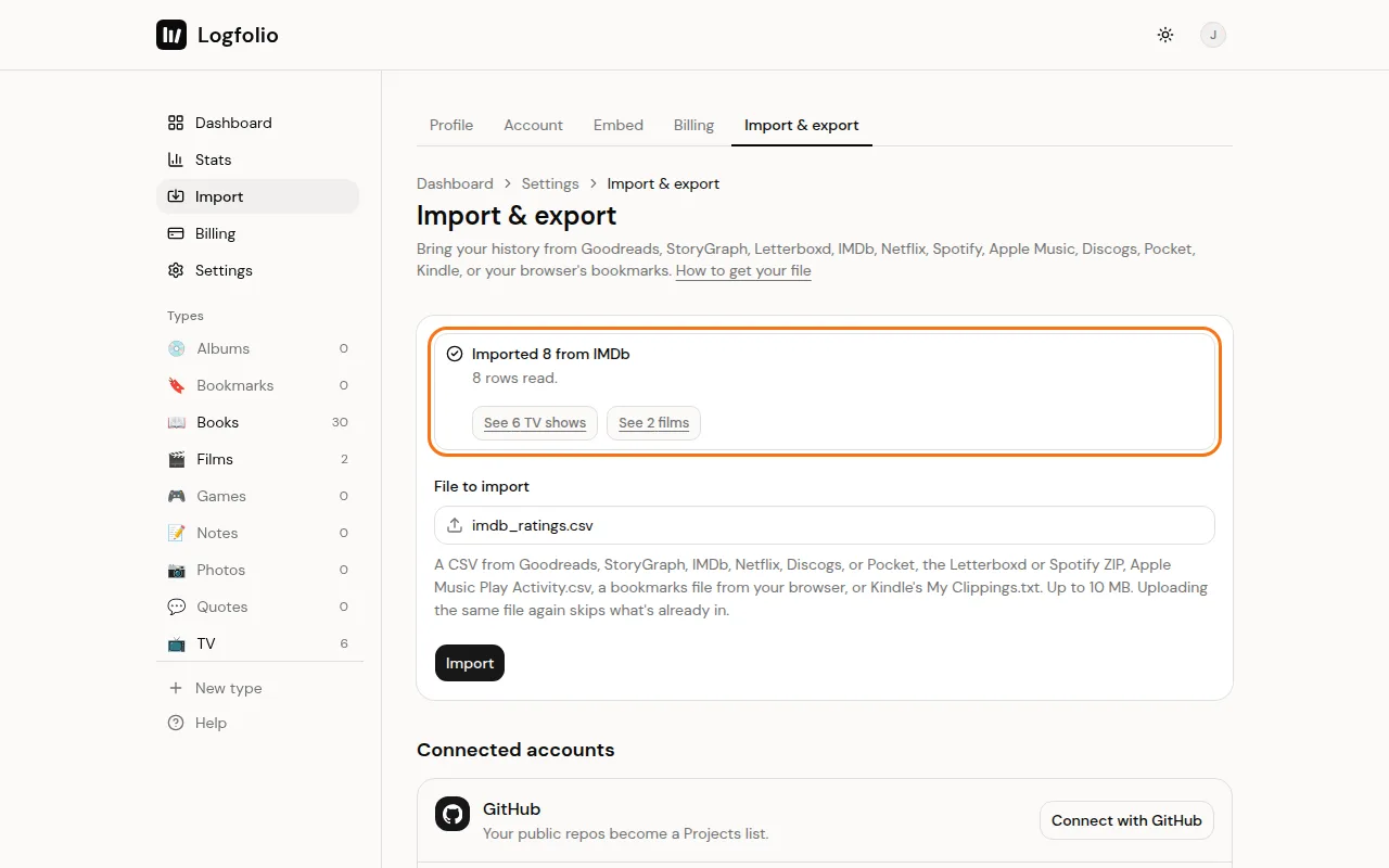 The result after an IMDb import, with buttons for films and TV shows