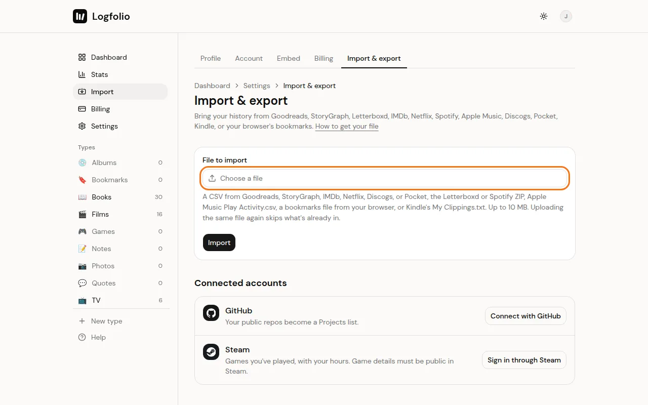 The Import page with the file picker and Import button