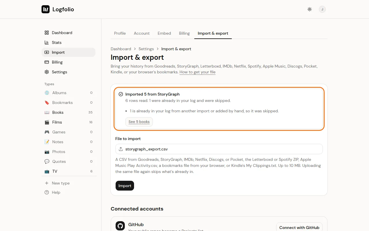 The result after a StoryGraph import, with a button to see your books