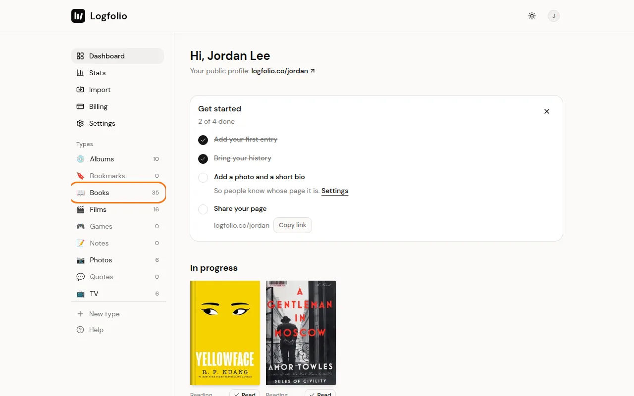 Books in the Types list on the dashboard