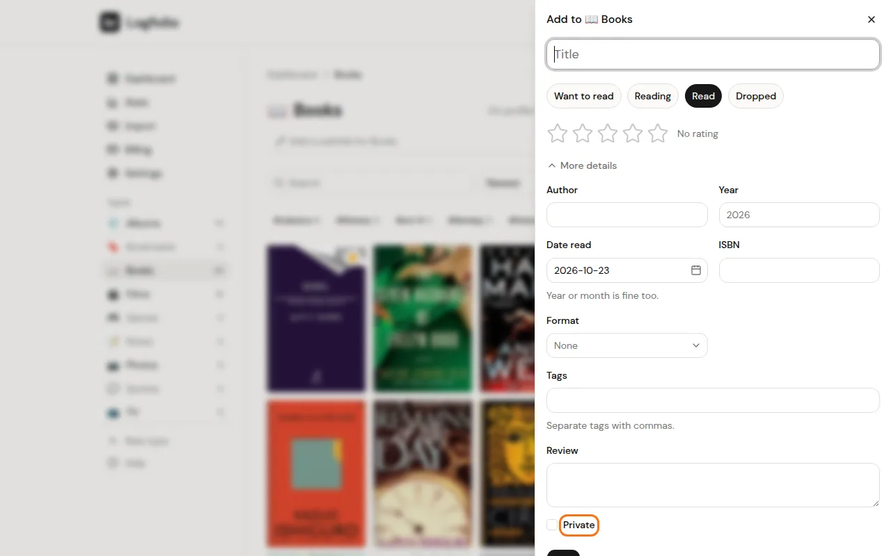 More details open in the Add panel, showing Private