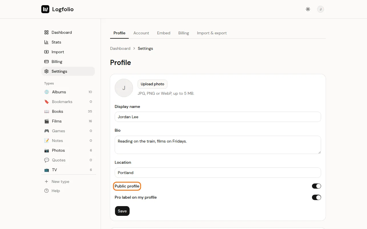 Public profile switch in Settings