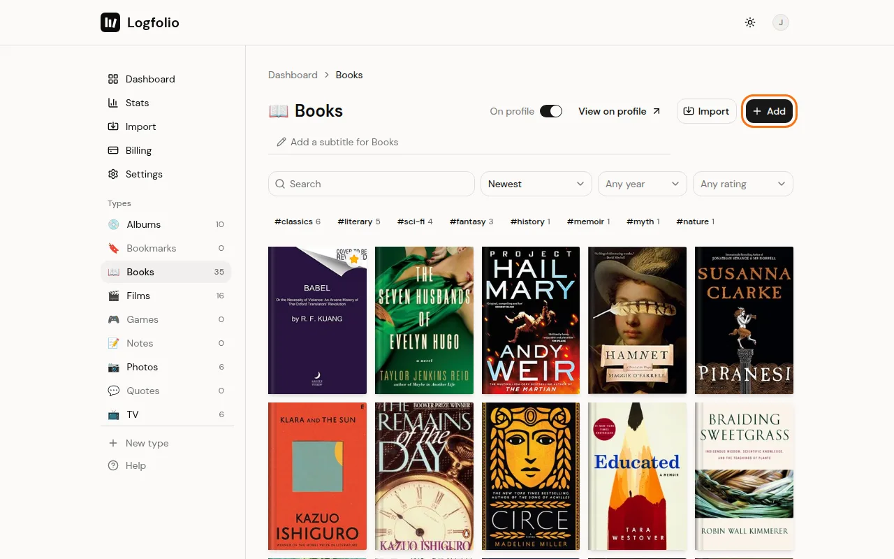 The Books list with the Add button at the top