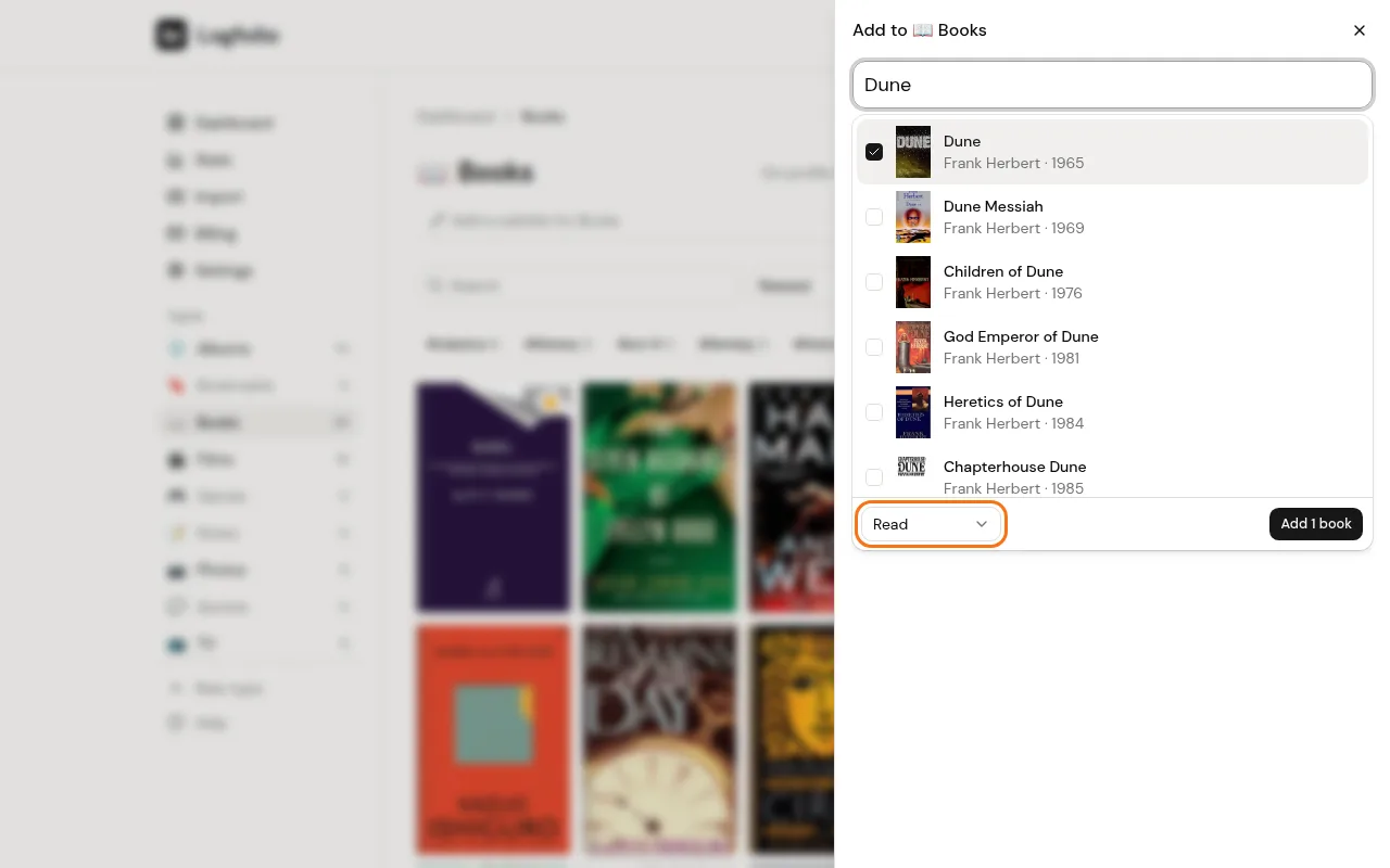 The bar under the results with the status menu and the Add 1 book button