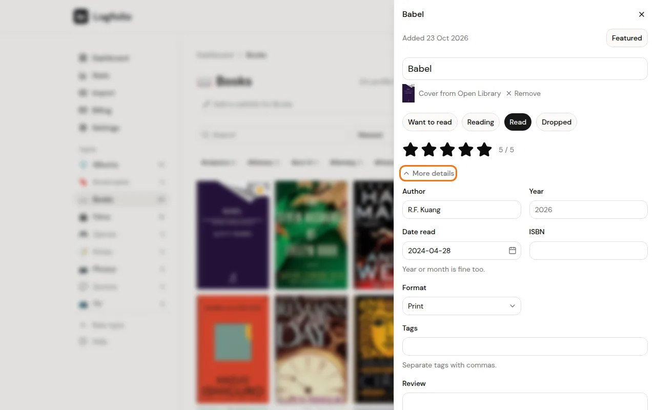 An open entry with status buttons, stars, and More details expanded