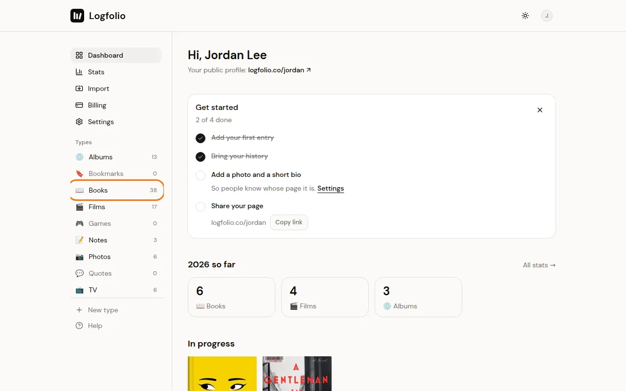 Books in the Types list on the dashboard