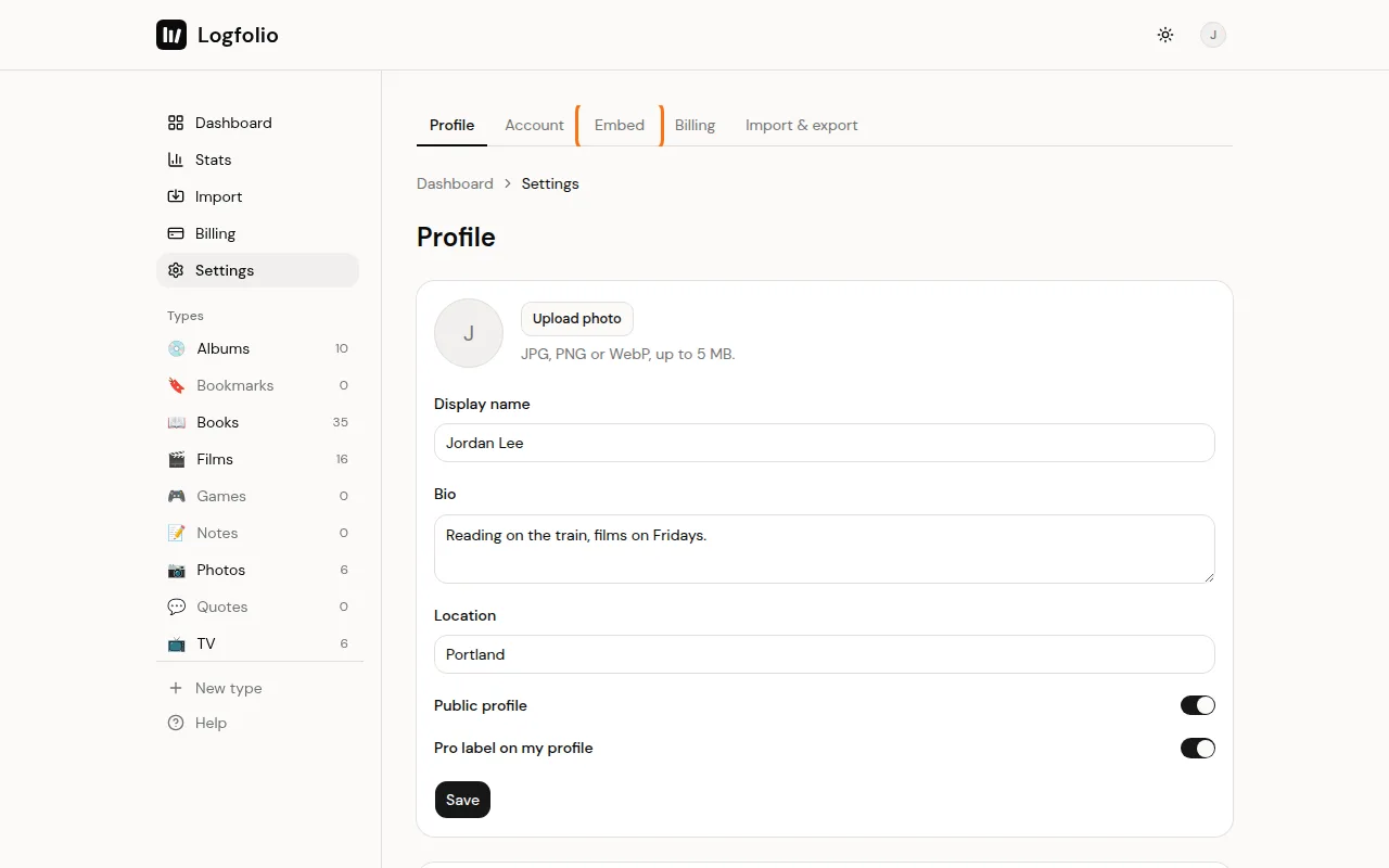 The Embed tab in Settings