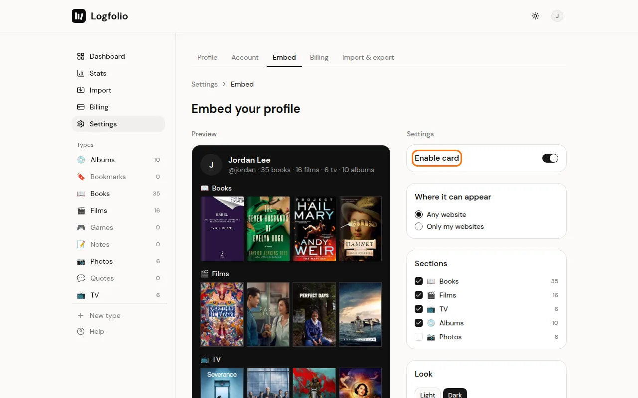 Enable card switch next to the card preview