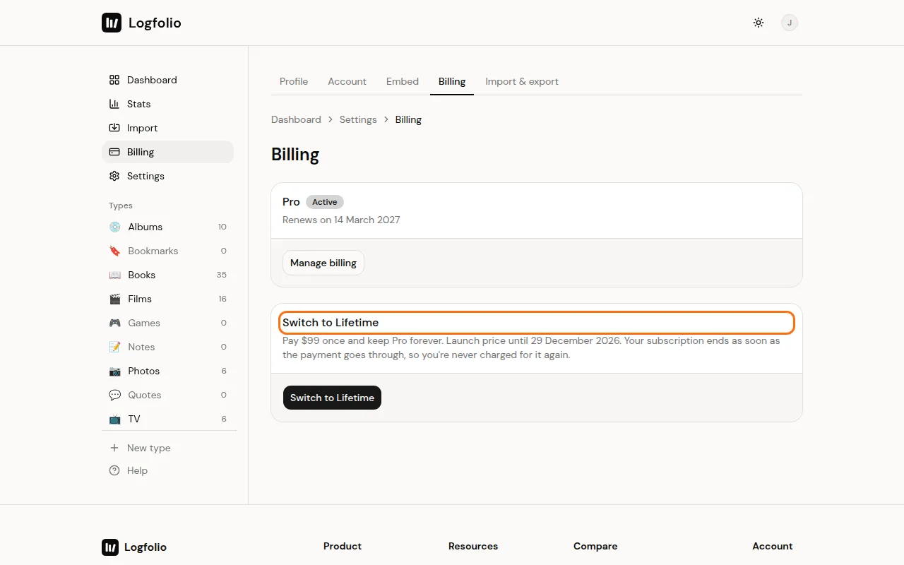 The Billing page with the Switch to Lifetime card and its price