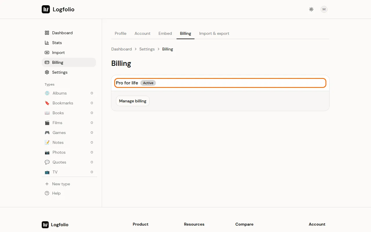 The Billing page showing Pro for life
