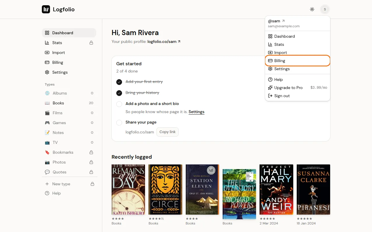 The account menu open with Billing in the list