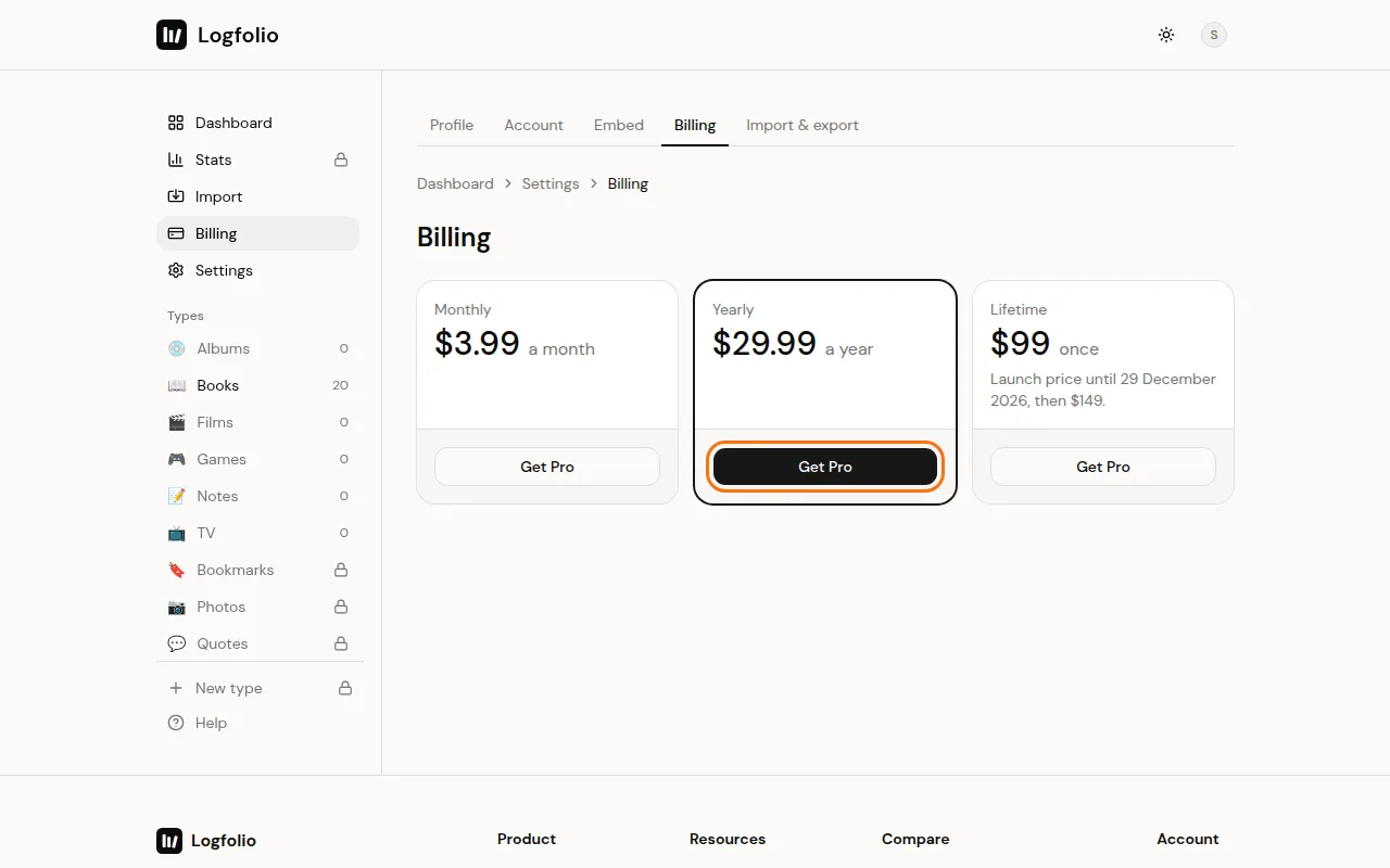 The Billing page with the Monthly, Yearly and Lifetime cards