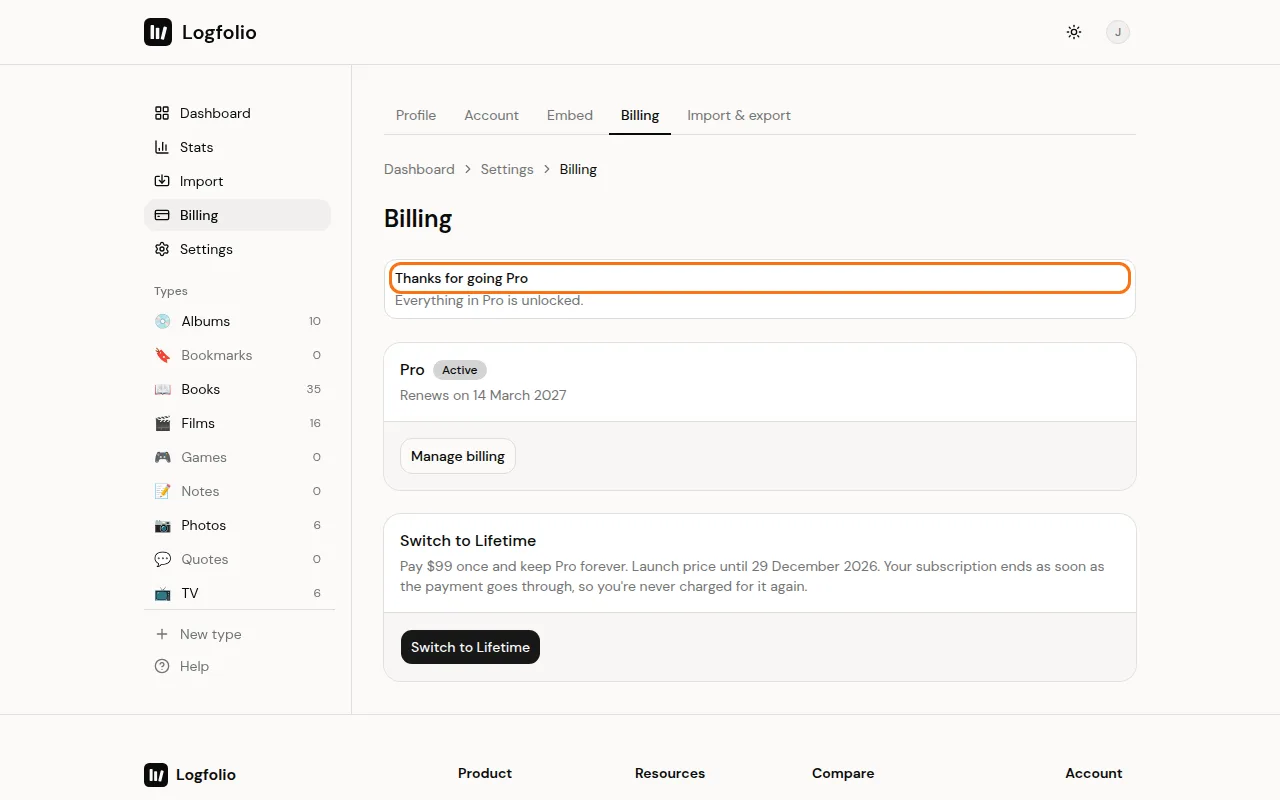 The Billing page with the Thanks for going Pro message