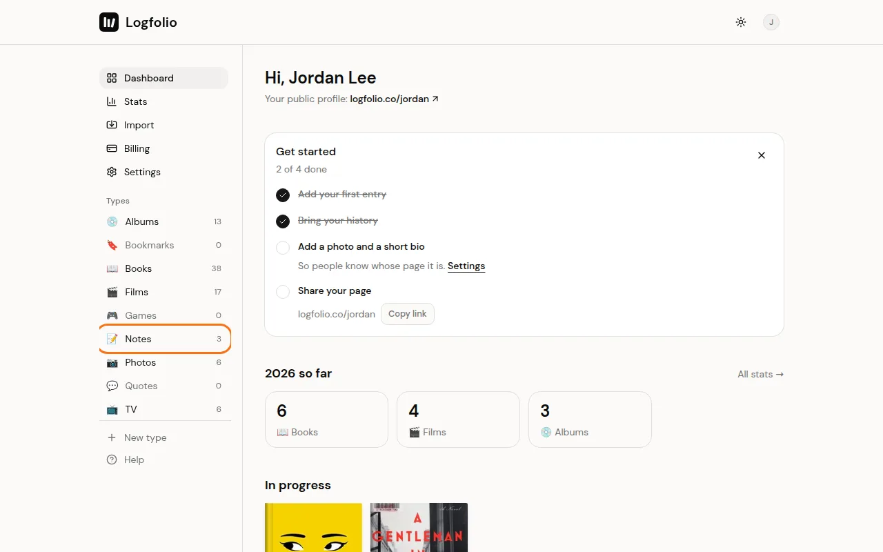 Notes in the Types list on the dashboard