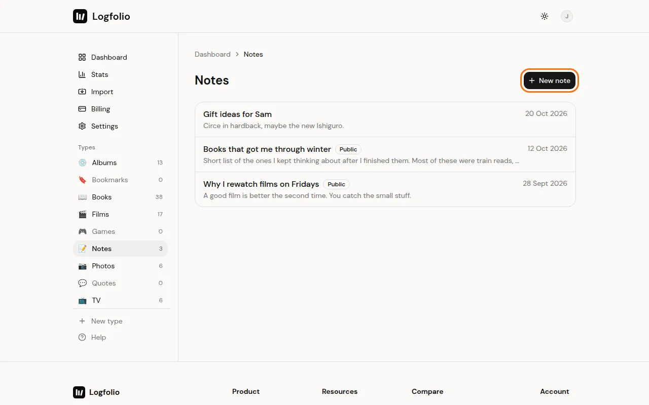 New note button on the Notes page